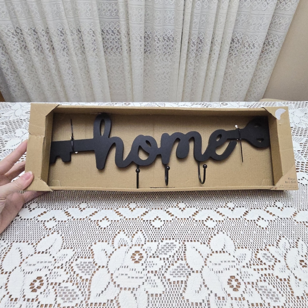 New Black Home Plaque Wall Hook 18.75" Across Word Shaped Like Key with 3 Hooks - Picture 3 of 5